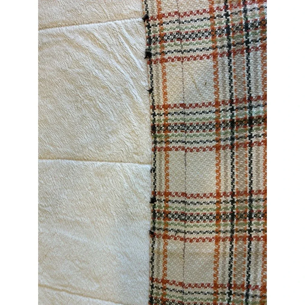Vintage Woven Remnants Fabric Orange Yellow Green Brown Plaid MCM 2 Pieces